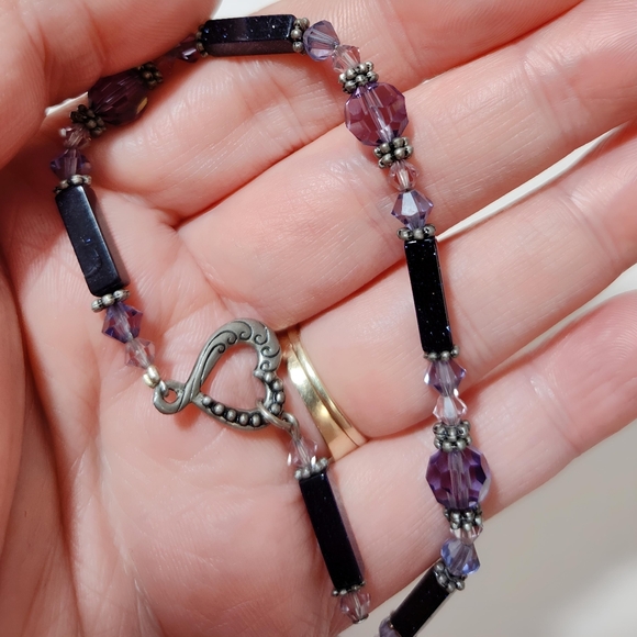 Silver tone Purple Goldstone Faceted Crystal Bead Bracelet Handmade Y2K Vintage - Picture 8 of 12